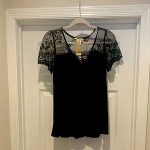 Denim and supply black lace and cotton dressy tee
